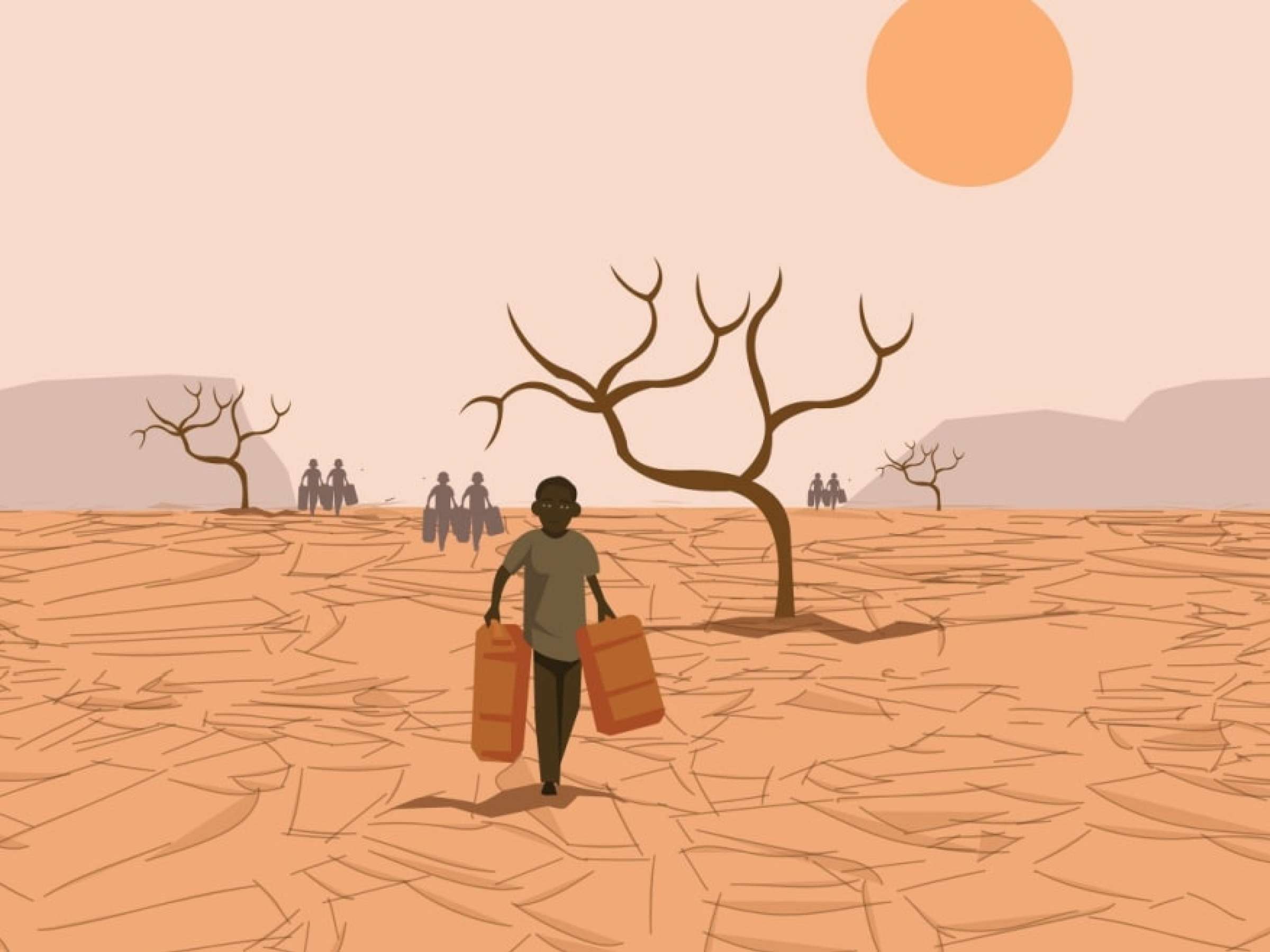 An illustration of a child carry water through an area affected by drought to their homes in canisters.